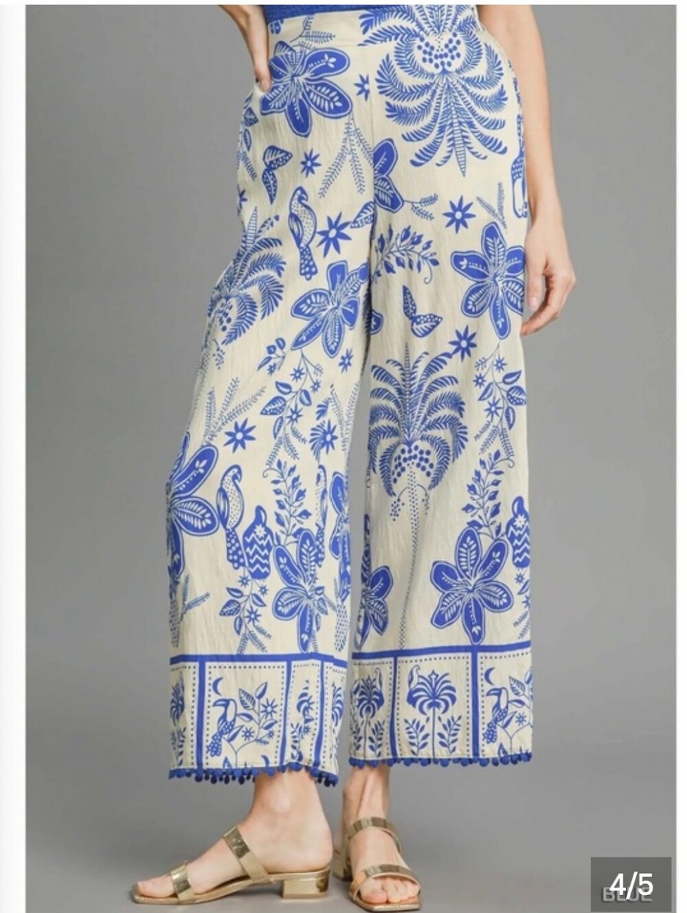 Umgee NWT Blue Floral Wide-Leg Palazzo Pants on Cream Size Large